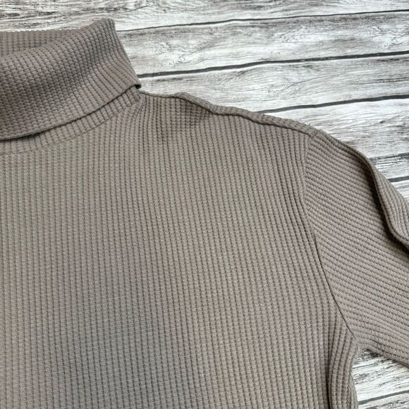 GAP Women's Waffle Knit Turtleneck Shirt M Med Medium Taupe Brown Side Slit Boxy - Picture 6 of 13